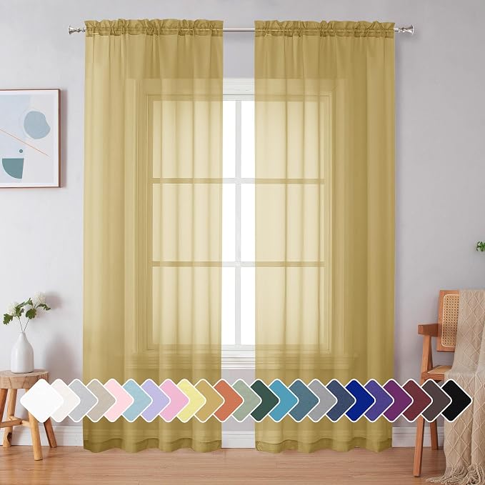 Simplebrand Gold Sheer Curtains 84 Inches Long 2 Panels, Light Filtering Rod by Simplebrand
