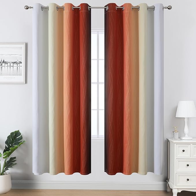 Estelar Textiler Burnt Orange and Greyish White Ombre Blackout Curtains - Image 2