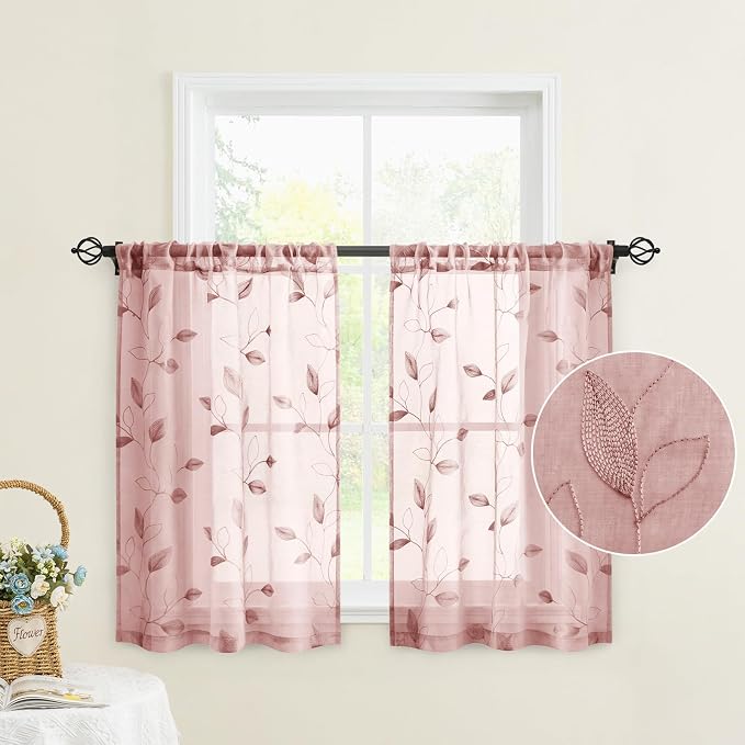 HOMEIDEAS Blush Pink Sheer Kitchen Curtains 30 X 36 Inch Length 2 Panels - Image 2