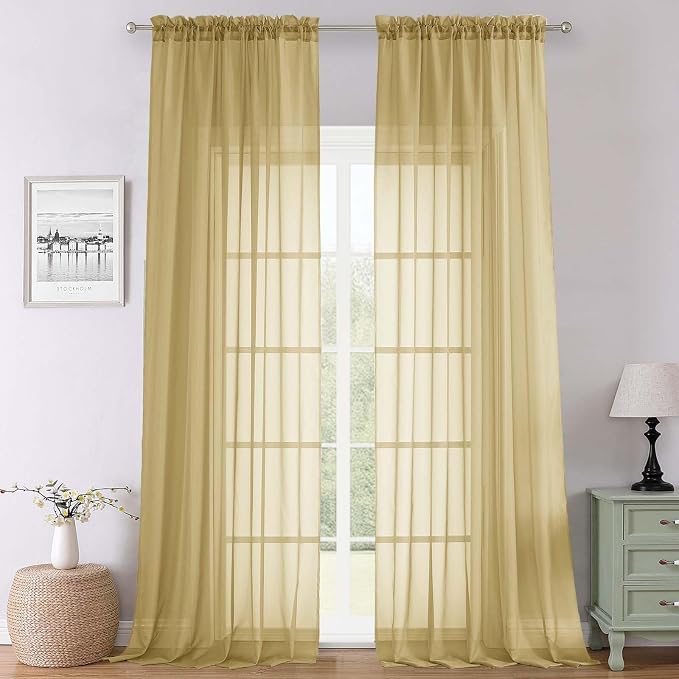 Lecloud Gold Sheer Curtains 120 Inches Long 2 Panels Set, Rod Pockets Light by Lecloud