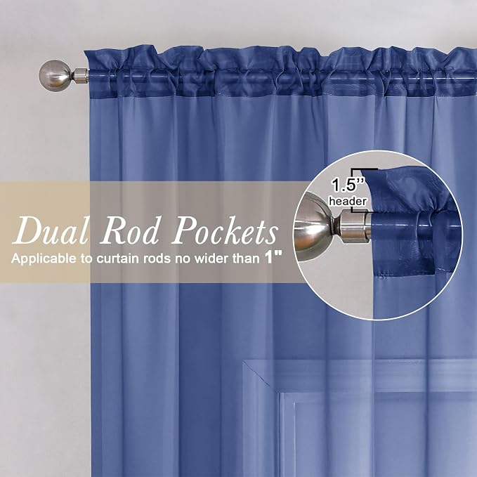 Lecloud Royal Blue Sheer Curtains 54 Inch Length 2 Panels, Voile Light - Image 2