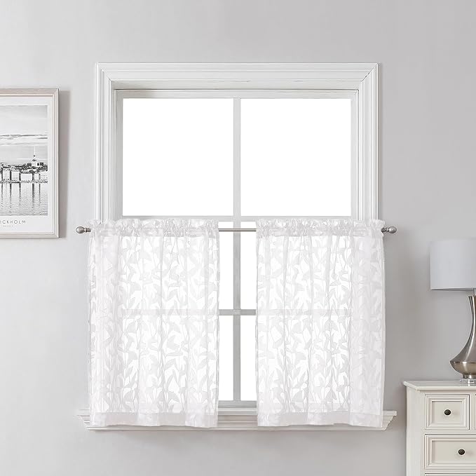 Lecloud Leia White Sheer Kitchen Curtains 24 Inch Length 2 Pcs, Jacquard Leaf by Lecloud