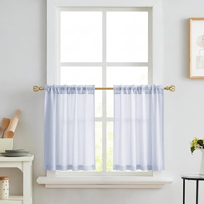 RYB HOME Striped Cafe Kitchen Curtains 24 inch Length, Linen Tickingstripe Tier - Image 8
