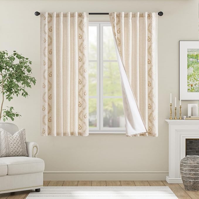 jinchan Belrose Lined Linen Blend Curtains Boho Floral Curtains - Image 3