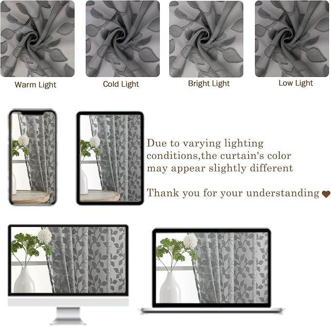 Chyhomenyc Charcoal Grey Sheer Curtains 36 Inch Length, Light Filtering Leaf - Image 8