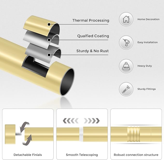 VOIIY Gold Curtain Rods for Windows 28 to 48 Inch, Size:30-60 Inch - Image 7