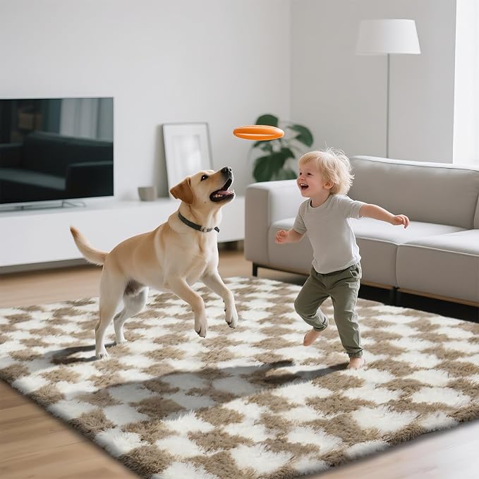 Checkered Area Rugs for Bedroom 5x8, Fluffy Beige and White Checkered Rug Fuzzy - Image 3