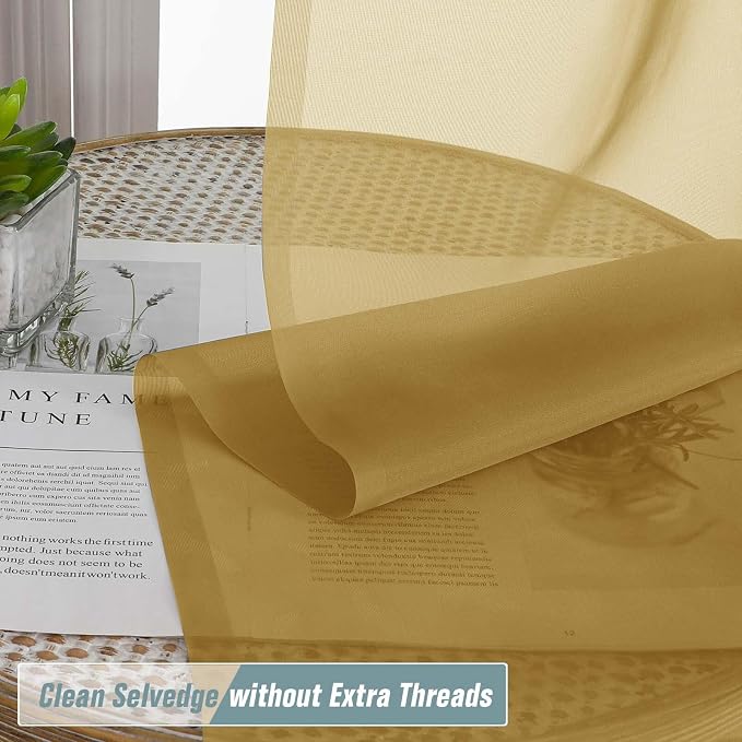 Gold Sheer Curtains 90 Inches Long 2 Panels, Light Filtering Solid Sheer - Image 2