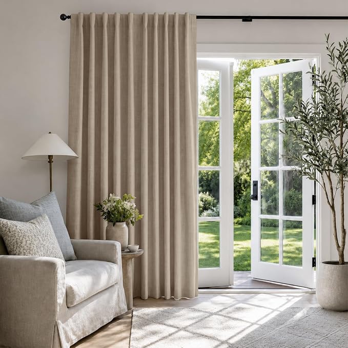 Linen Textured Blackout Sliding Door Curtains 108 Inch Long Burlywood Birch | - Image 5