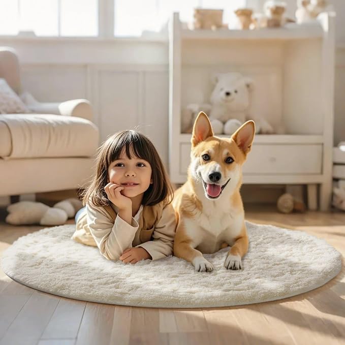 Ophanie Round Rug 4Ft Ivory Circle Area Rugs, Fluffy Fuzzy Small Bedroom Carpet - Image 3