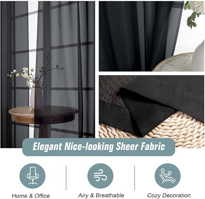 Halloween Black Sheer Curtains for Window 96 Inches Long 2 Panels Set, Soft - Image 4
