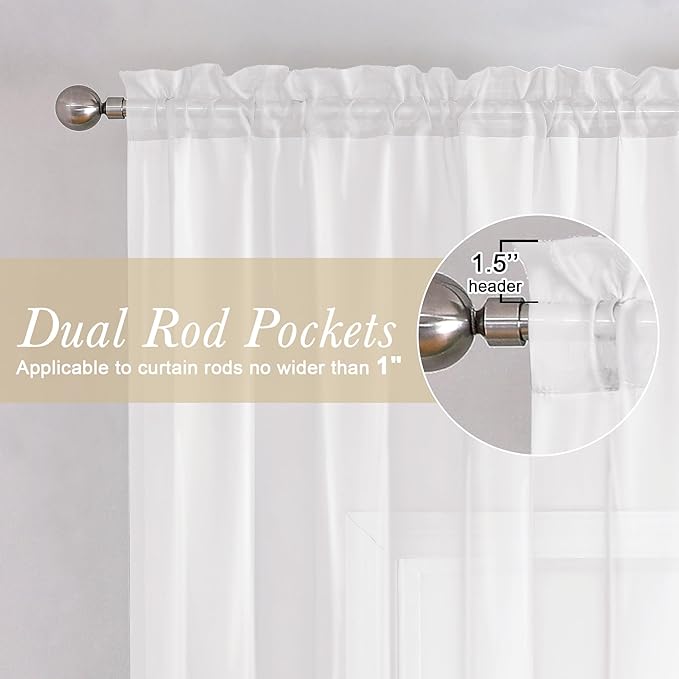 Lecloud White Sheer Curtains 90 Inches Long 2 Panels, Farmhouse Voile Window - Image 2