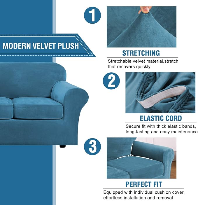 H.VERSAILTEX Real Velvet Plush 3 Piece Stretch Sofa Covers Couch Covers - Image 3