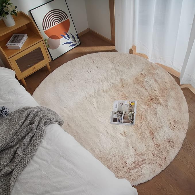 Ghouse Faux Rabbit Fur Round Rug 4ft Light Brown Beige Round Rugs - Image 2