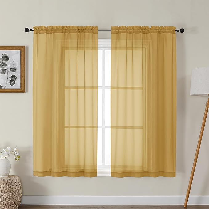 Gwine Gold Sheer Curtains for Bedroom 54 inches Long 2 Panels, Light Filtering by Gwine