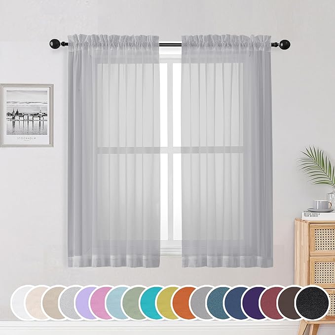 OWENIE Light Grey Sheer Curtains 54 Inch Length by OWENIE