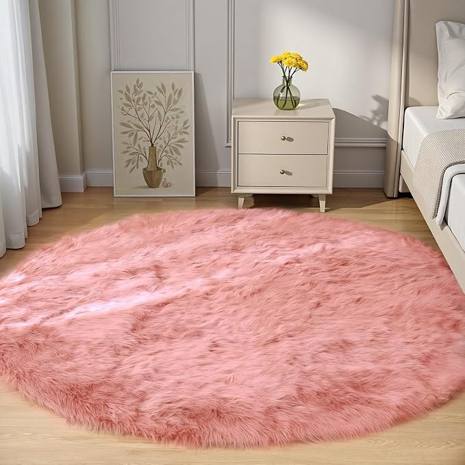 Goolela Pink Round Rug 6ft Circle Fluffy Fuzzy Furry Carpet by Goolela