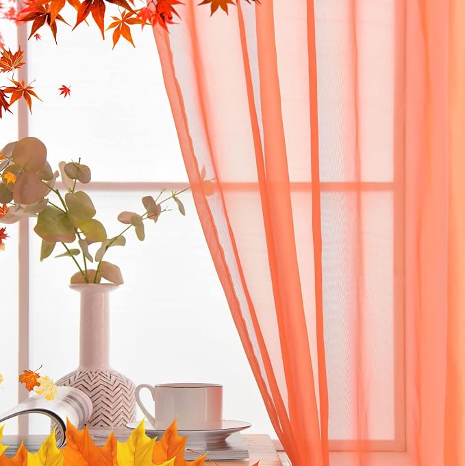 SpaceDresser Basic Rod Pocket Sheer Voile Window Curtain Panels Jaffa Orange 1 - Image 4