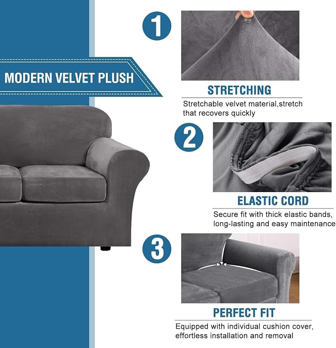 H.VERSAILTEX High Stretch Sofa Slipcover 4 Piece Cover Velvet Furniture - Image 3