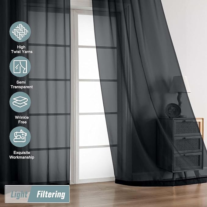 Halloween Black Sheer Curtains for Window 96 Inches Long 2 Panels Set, Soft - Image 5