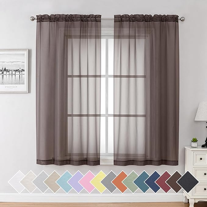 Aiyufeng Chocolate Sheer Curtains 63 Inches Long 2 Panels, Solid Voile Top Dual by Aiyufeng