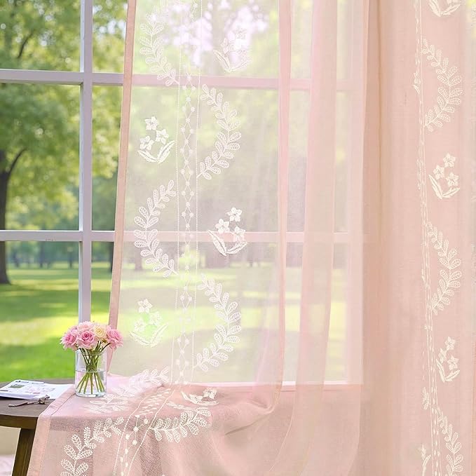 jinchan Belrose Pink Floral Sheer Curtains by JINCHAN