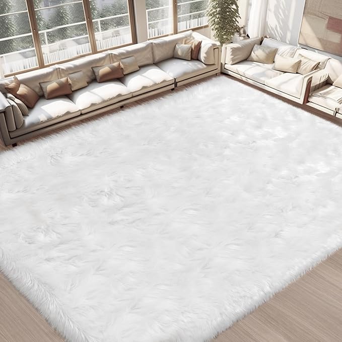 Ciicool White Faux Fur Rug 8 x 10 Feet, Large Fluffy Carpet, Faux Fur Sheepskin - Image 2