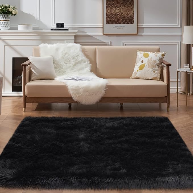 Black Faux Fur Rug for Bedroom 3'x5' Soft Shag Fuzzy Rugs for Living Room - Image 9
