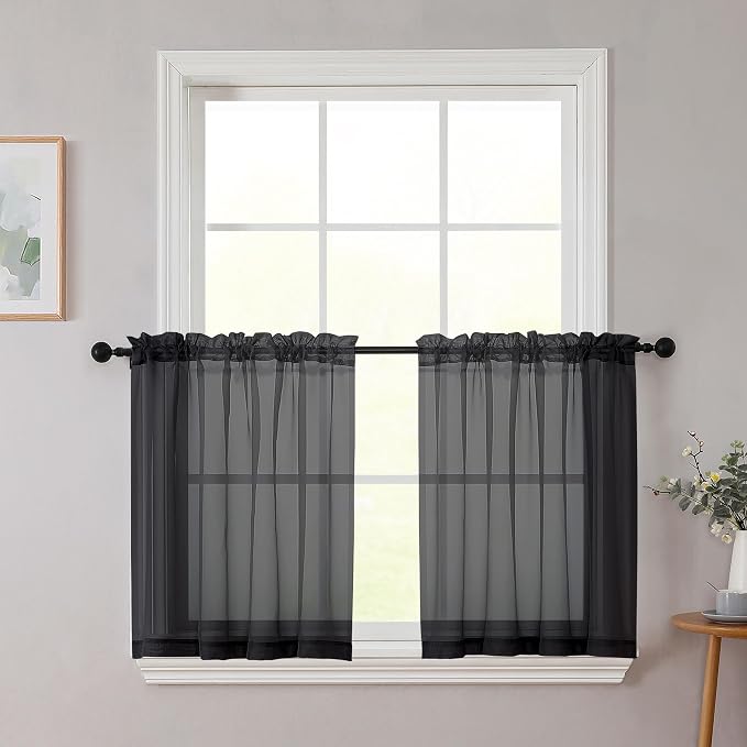 Kitchen Curtains 24 Inch Length Tier 2 Pieces, Cafe Bathroom Basement Rod by WelvetBLK
