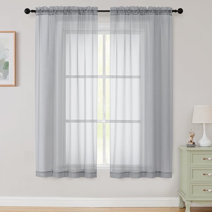 Sheer Light Grey Curtains for Bedroom Living Room 63 Inch Length 2 Panels by WelvetBLK