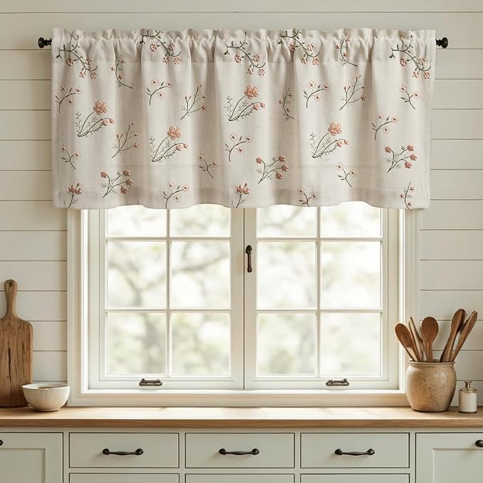 Kitchen Valances for Windows, Floral Embroidered Spring Linen Blend Farmhouse - Image 2