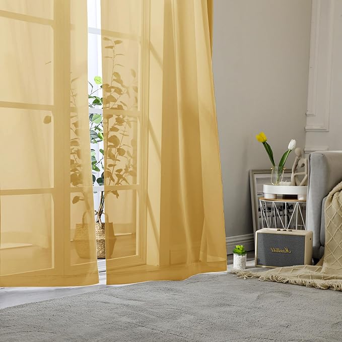 Lecloud Gold Sheer Curtains 90 Inches Long 2 Panels, Breathable Solid Voile - Image 8
