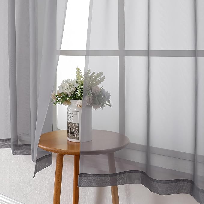 Lecloud Grey Sheer Curtains 45 Inch Long 2 Panels, Short Voile Drapes - Image 7