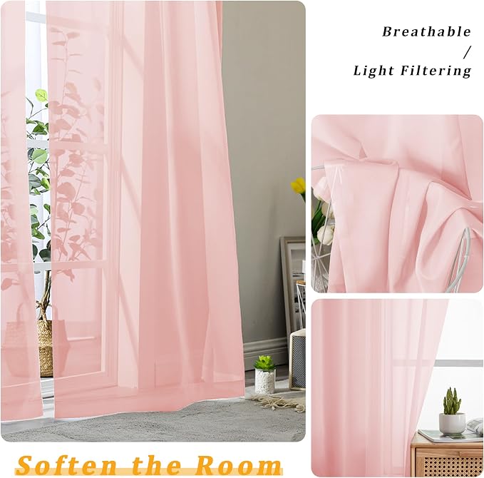 Gwine Blush Pink Sheer Curtains 63 Inch Length - Image 3
