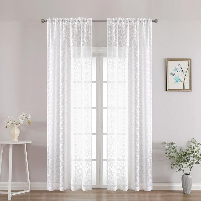 Chyhomenyc White Sheer Curtains 90 Inch Length 2 Panels Set, Light Filtering - Image 2