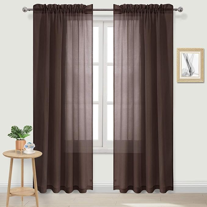 DWCN Brown Sheer Curtains Semi Transparent Voile Rod Pocket Curtains by DWCN