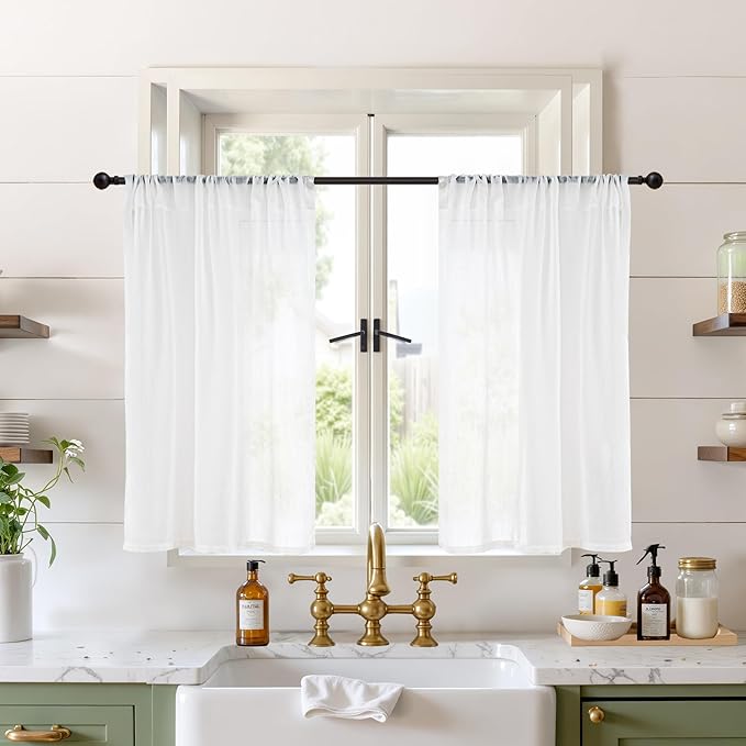 BGment White Linen Cafe Curtains 36 Inch Length, Small Drapes Semi Sheer by BGment