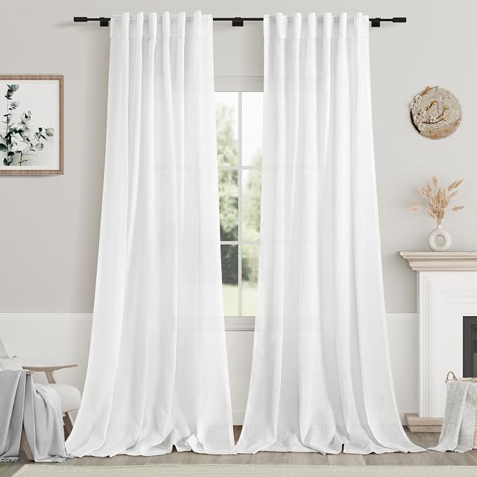 White Linen Curtains 96 Inches Long 2 Panels Set Back Tab Rod Pocket Semi Sheer by Nanspring