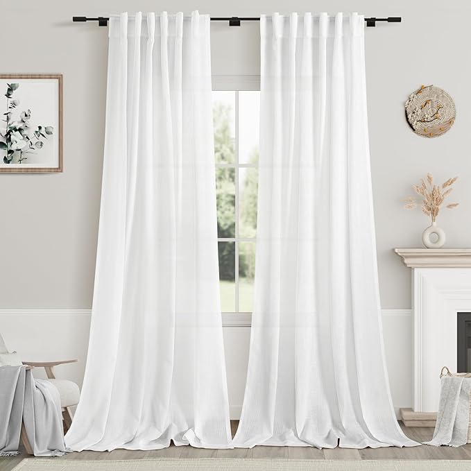 White Linen Curtains Back Tab Sheer Curtains 90 Inches Long by Nanspring