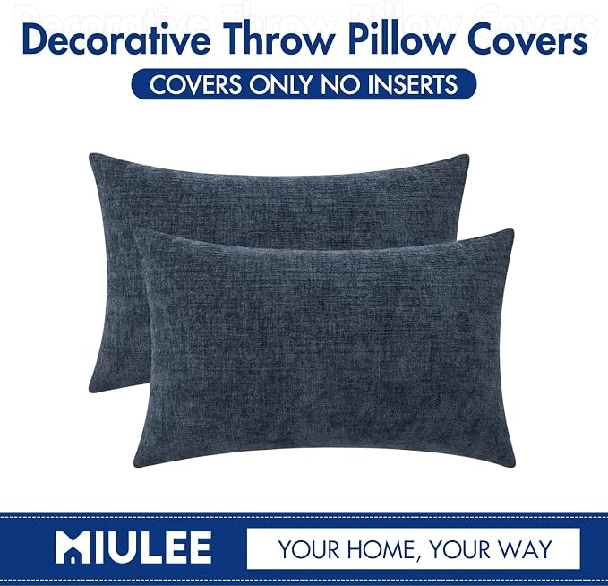 MIULEE Pack of 2 Couch Throw Pillow Covers 12x20 Inch Soft Navy Blue Chenille - Image 6