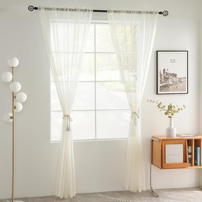 youleyar Solid Sheer Rod Pocket Curtain Voile Draperies 2 Panels White Beige - Image 2