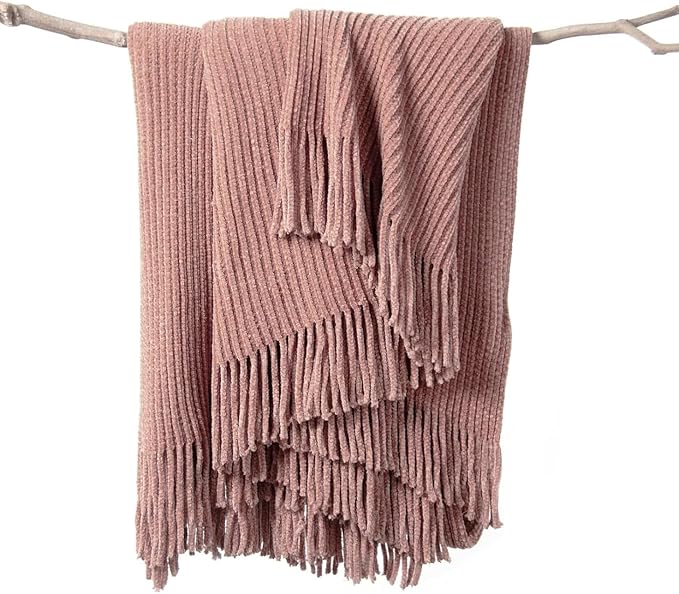 lifein Pink Throw Blanket for Couch, Soft Boho Decor Bed Throw, Cozy Chenille by lifein