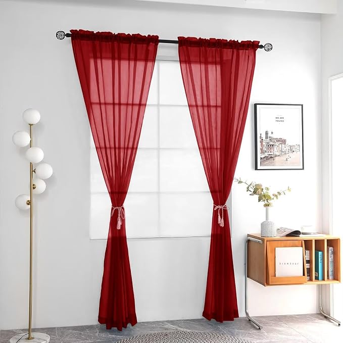 youleyar Solid Sheer Rod Pocket Curtain Voile Draperies 2 Panels White Beige - Image 2