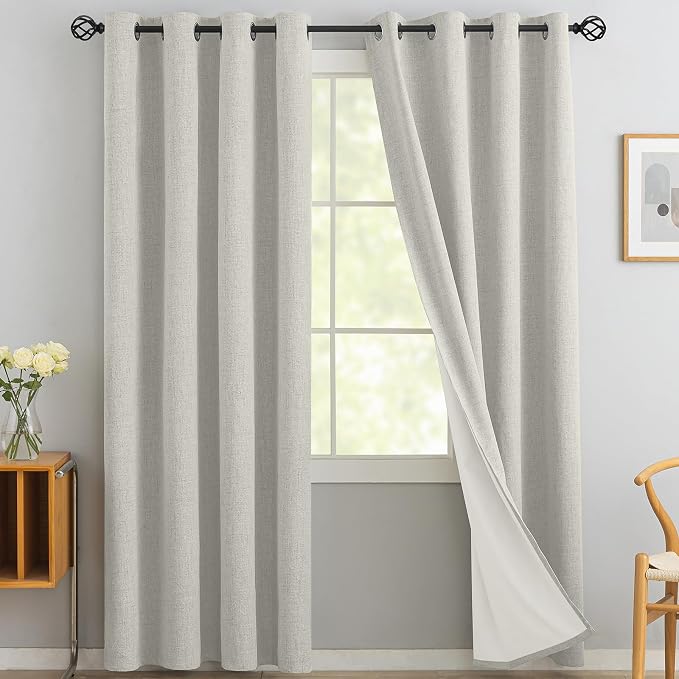 Yakamok Cream Linen Curtains 100% Blackout 84 Inches Long, Room Darkening by Yakamok