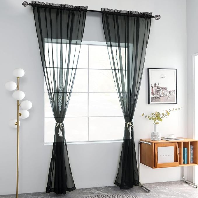 youleyar Solid Sheer Rod Pocket Curtain Voile Draperies 2 Panels White Beige - Image 2