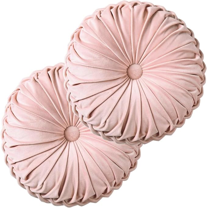 HIG Set of 2 Pink Ruched Velvet Round Throw Pillows – 14.5’’ Decorative Pillows by HIG