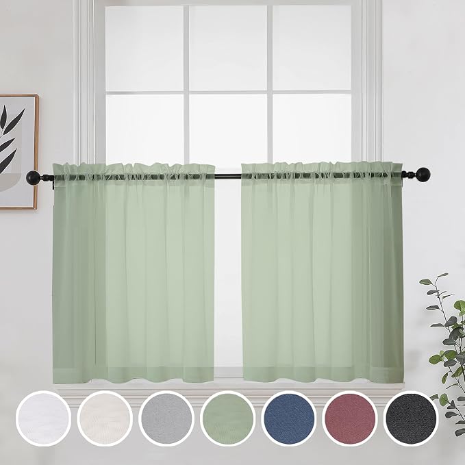 OWENIE Short Sage Green Sheer Curtains 24 Inches Long 2 Panels by OWENIE