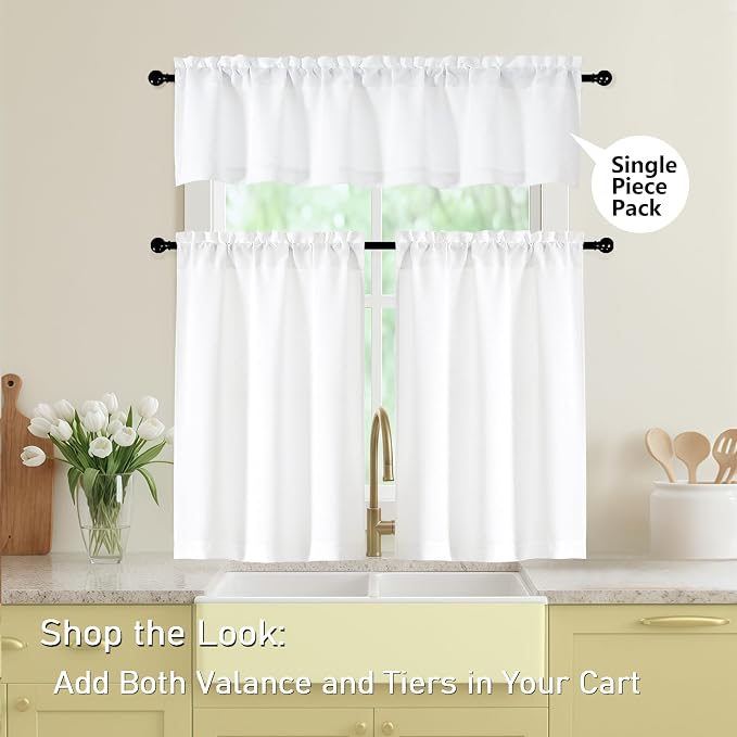White Valances for Windows, Light Filtering Faux Linen Textured Small Short - Image 6