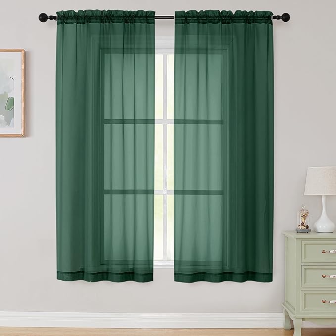 Sheer Hunter Green Curtains for Bedroom Living Room 63 Inch Length 2 Panels by WelvetBLK