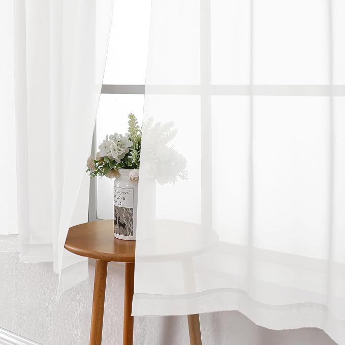 Lecloud White Sheer Curtains 54 Inch Length 2 Panels, Voile Bedroom Curtains - Image 3